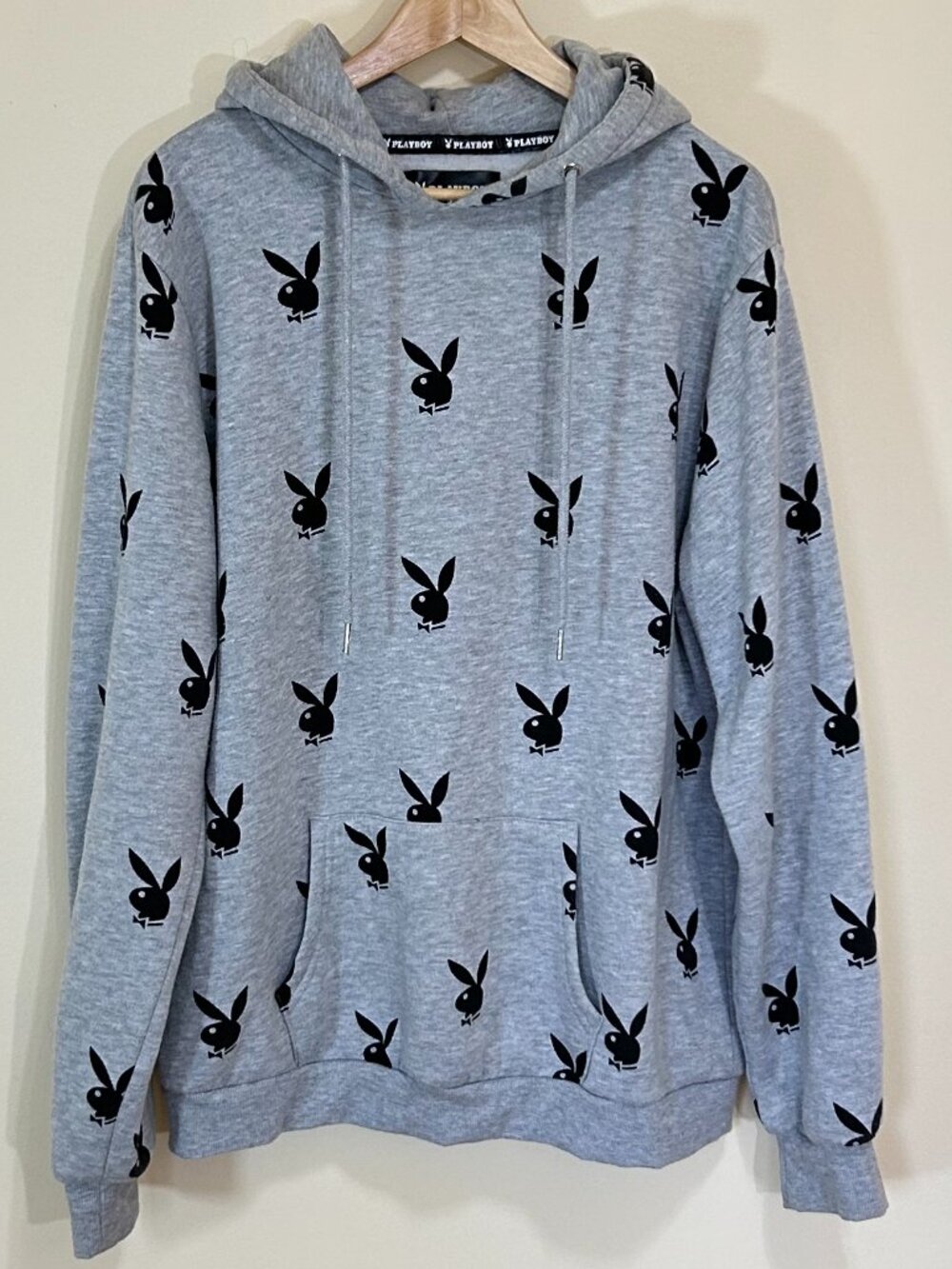 Playboy Pull Over Hoodie With Repeat Bunnie Print Grey with Black Size Men's M
